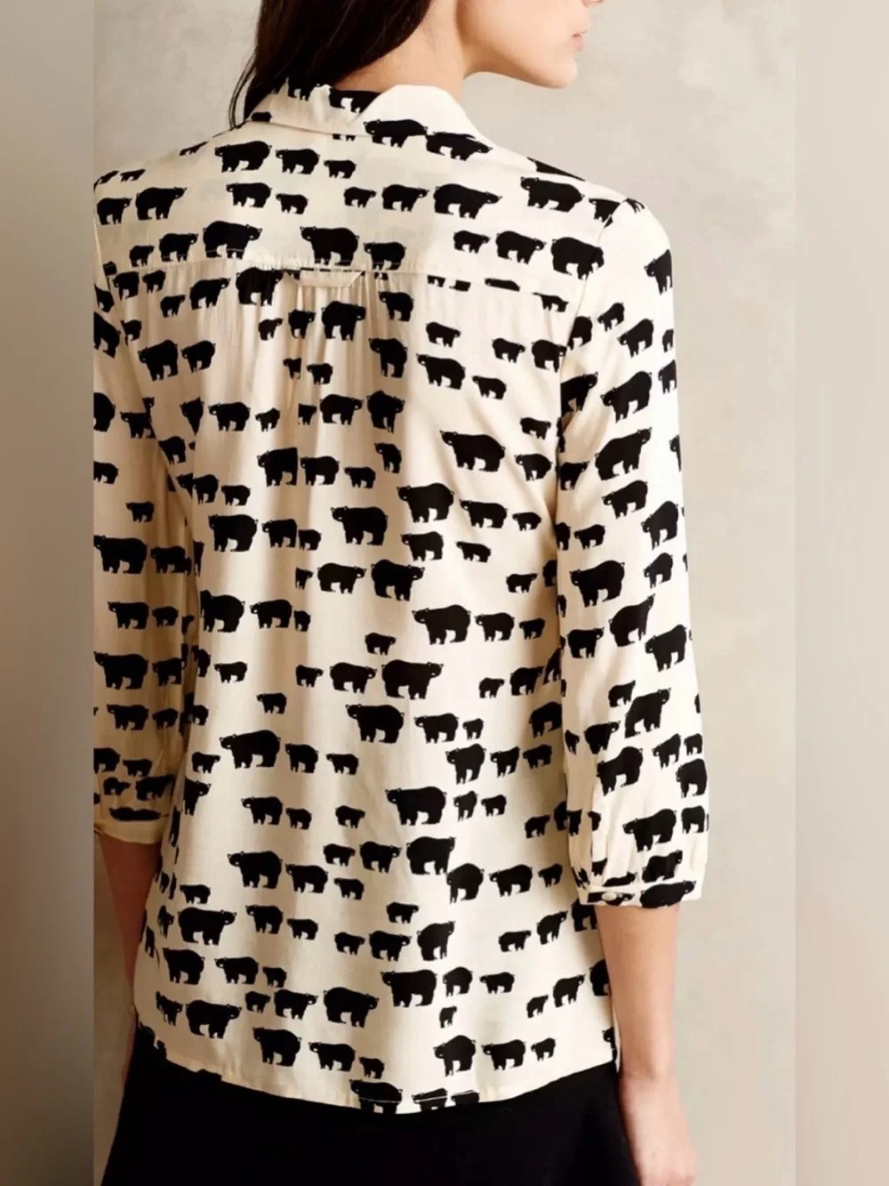 Maeve by Anthropologie Ivory and Black Printed Button-Front Blouse with bears - Picture 2 of 7